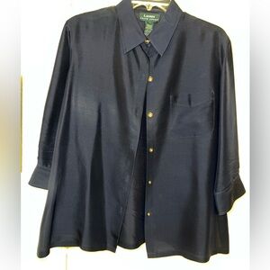 Navy Silk Ralph Lauren Button Down 3/4 sleeve